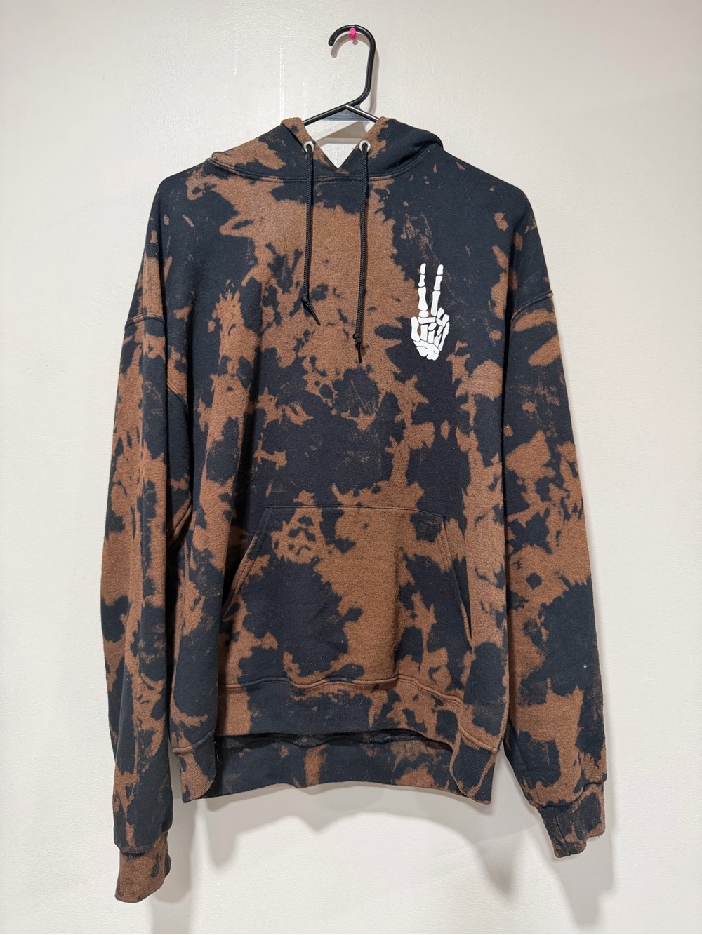 Black & Brown Tie-Dye Hoodie with White Peace Hand Graphic